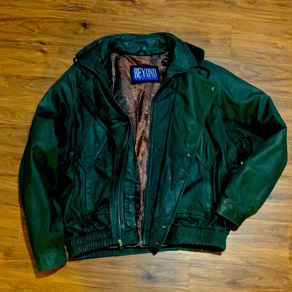 Vintage Black Leather Jacket; Beyond Leather Bomber Coat